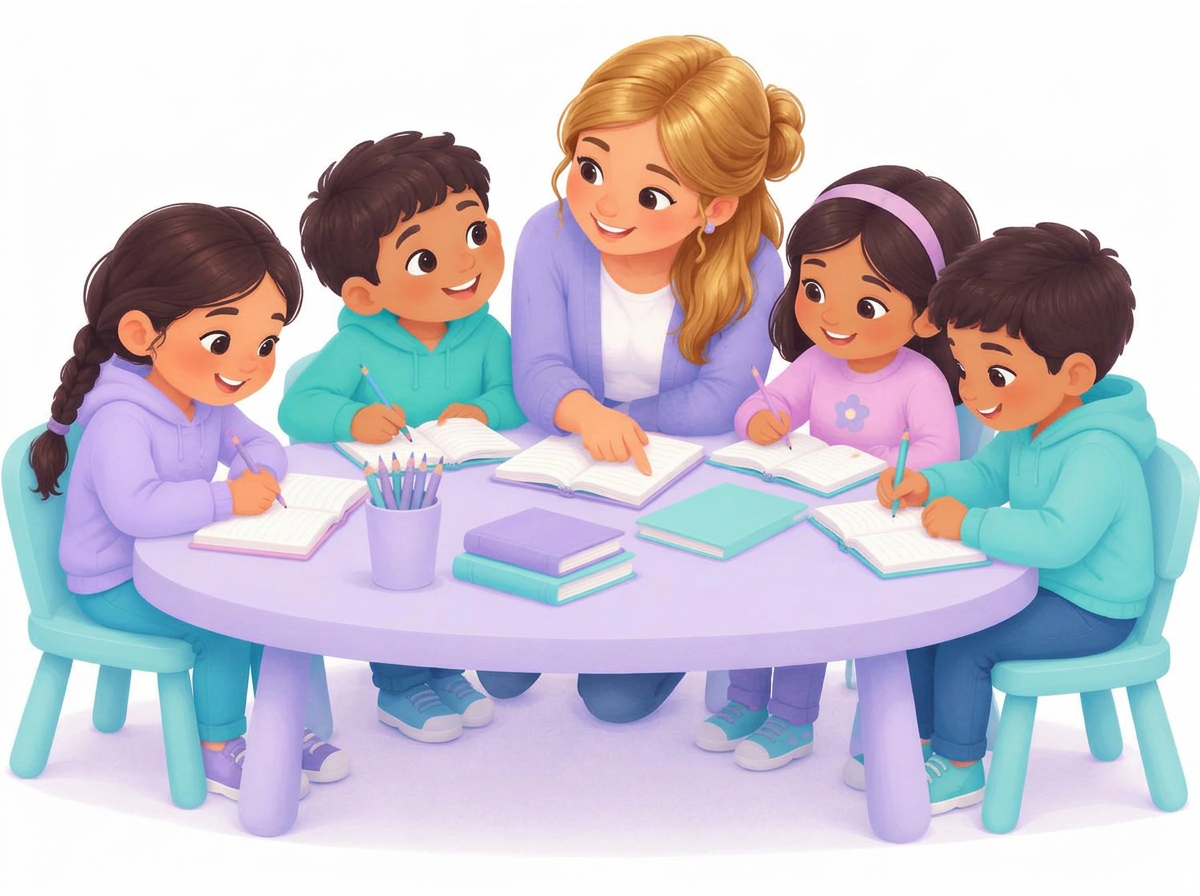 Niños y niñas haciendo tareas con su profesora rubia